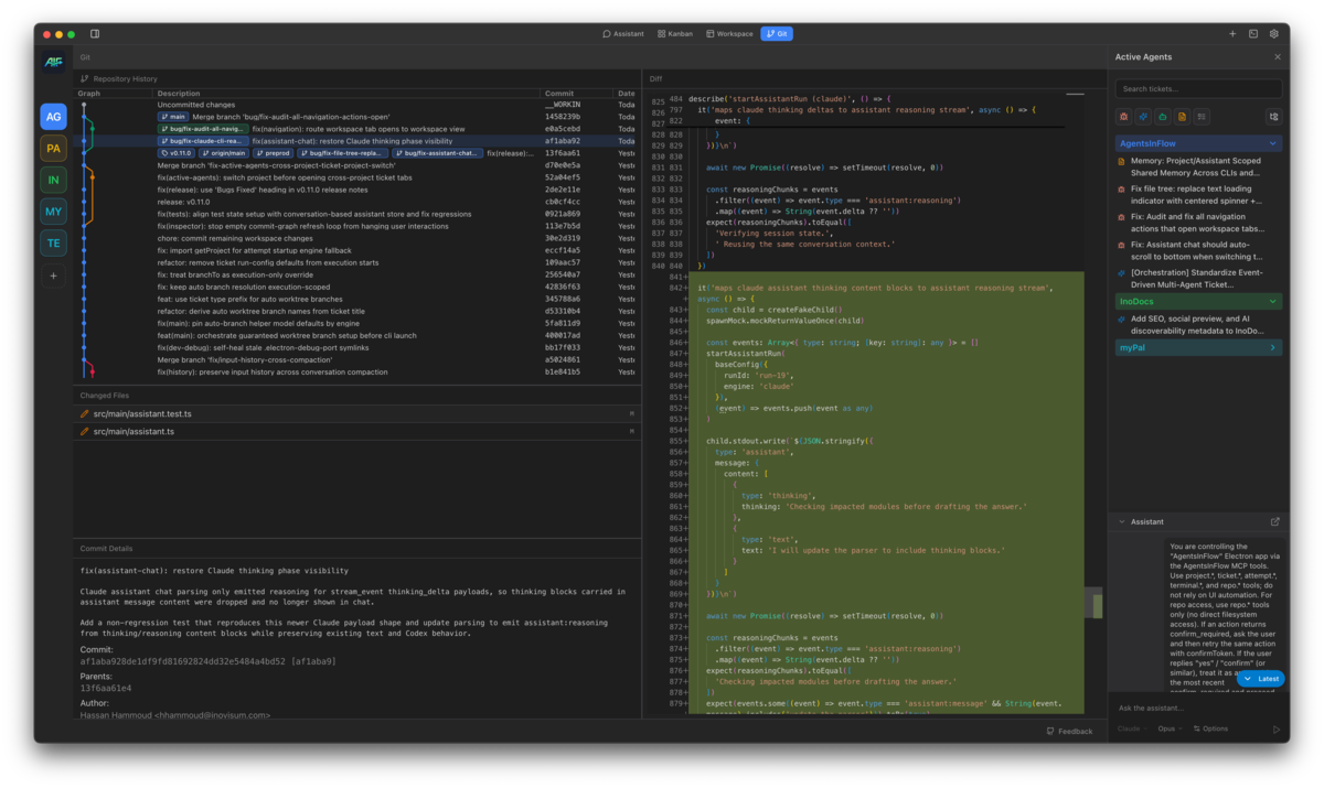 Git graph with worktree branches and inline diffs in AgentsInFlow